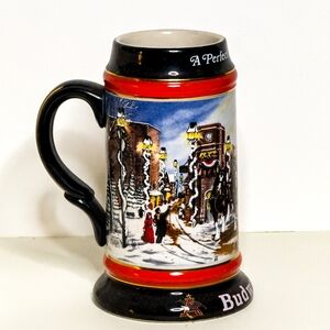 Budweiser Winter Scene Beer Stein with Red and Black Accents